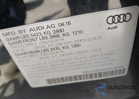 2016 Audi Q5 2.0T Premium from USA, damaged, VIN WA1L2AFP2GA136484